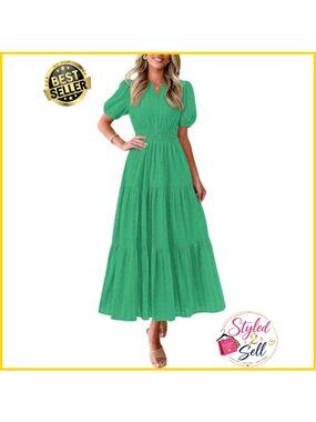 Womens Cotton Eyelet Maxi Dress Puff Sleeve V Neck Smocked Flowy Sundress
